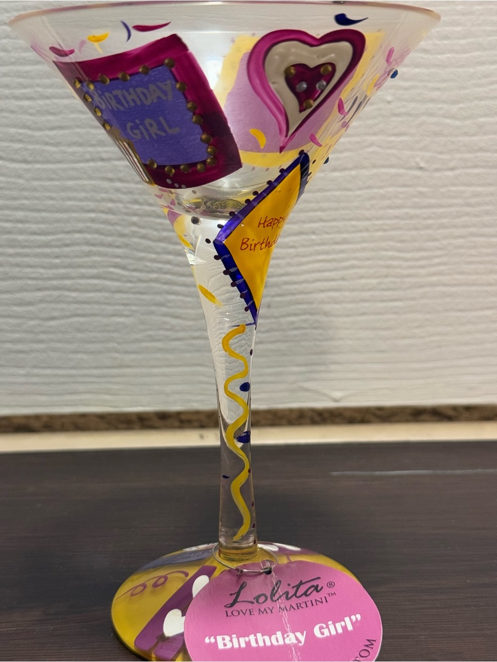 Lolita Hand-Painted Birthday Martini Glass in Pink, Yellow & Purple
